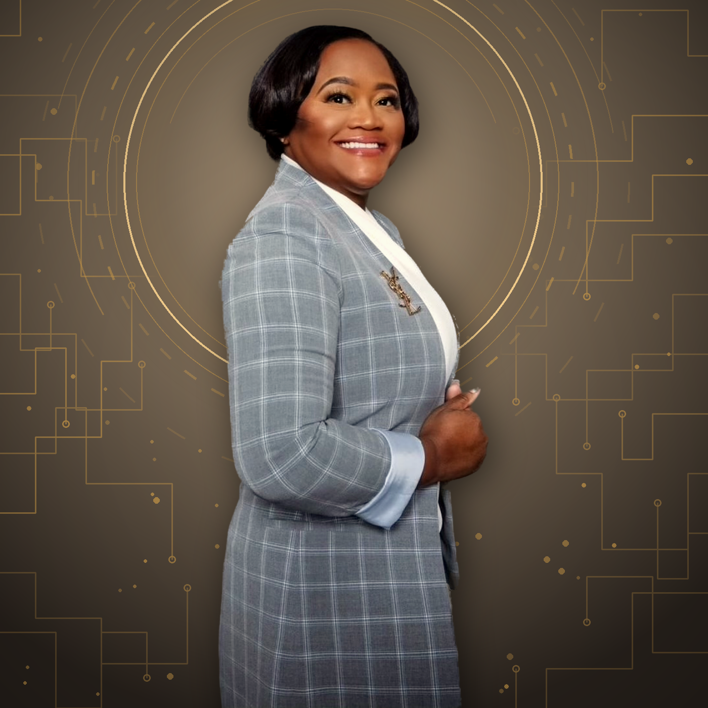Sandra Stinson, founder of CoreVest Acquisitions TC, in a grey plaid blazer.